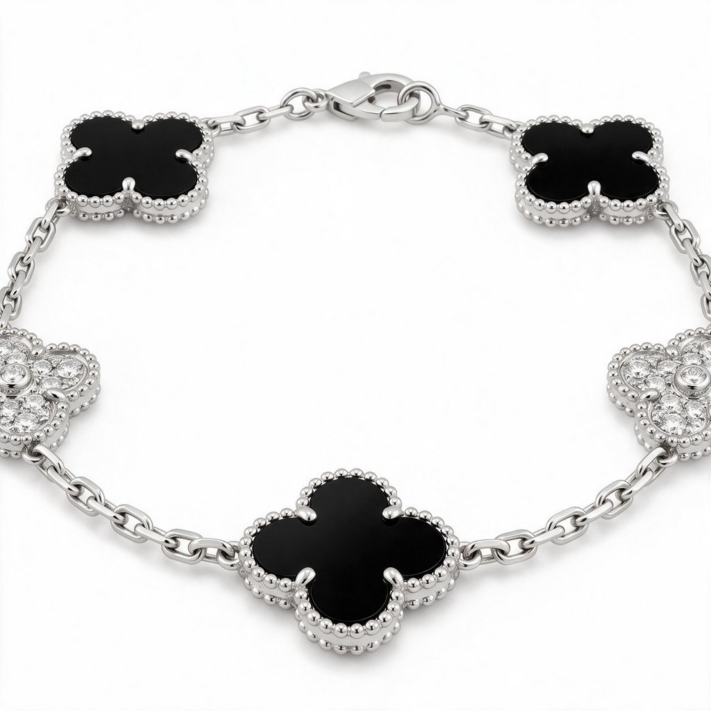 Vintage Alhambra Onyx And Diamond Clover 5 Motifs Bracelet