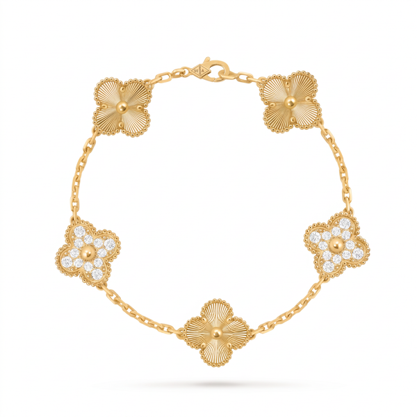 Vintage Alhambra Paved Diamond And Guilloché Clover 5 Motifs Bracelet