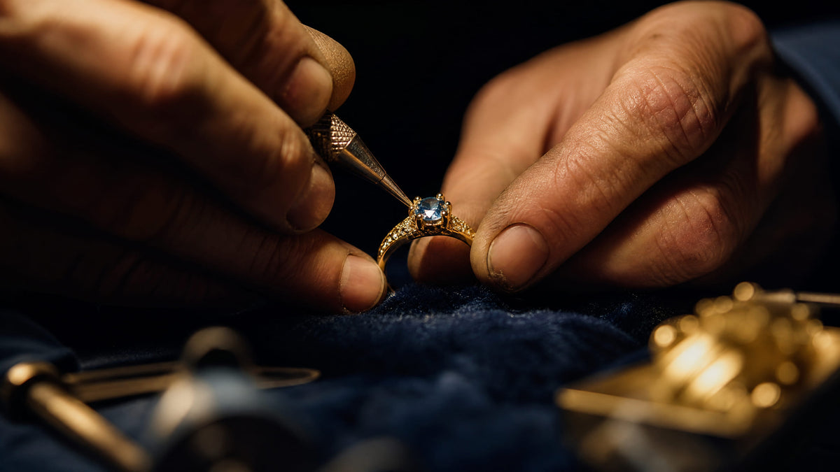 Jeweler setting a blue gemstone into a gold ring at the bench