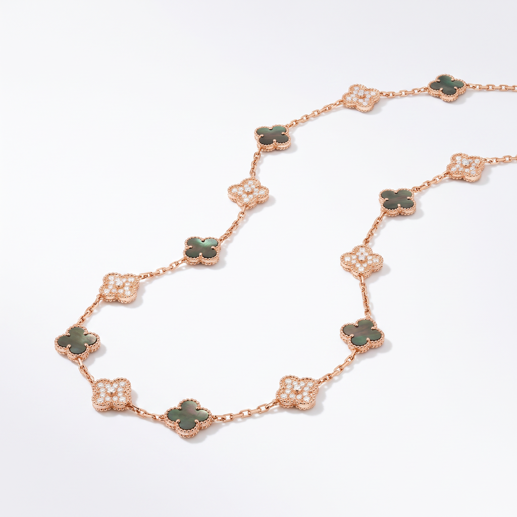 Vintage Rose Tone Alhambra Black Pearl And Diamond 20 Motifs Long Necklace