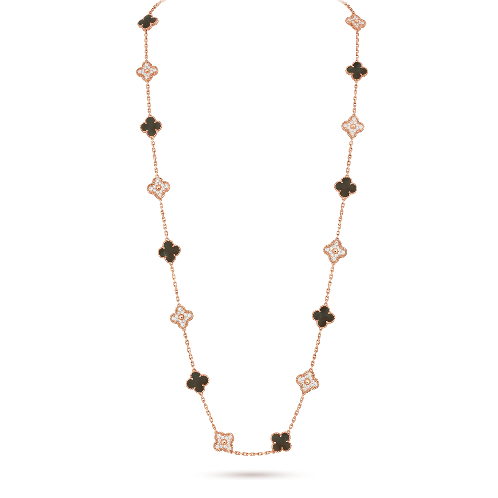 Vintage Rose Tone Alhambra Black Pearl And Diamond 20 Motifs Long Necklace