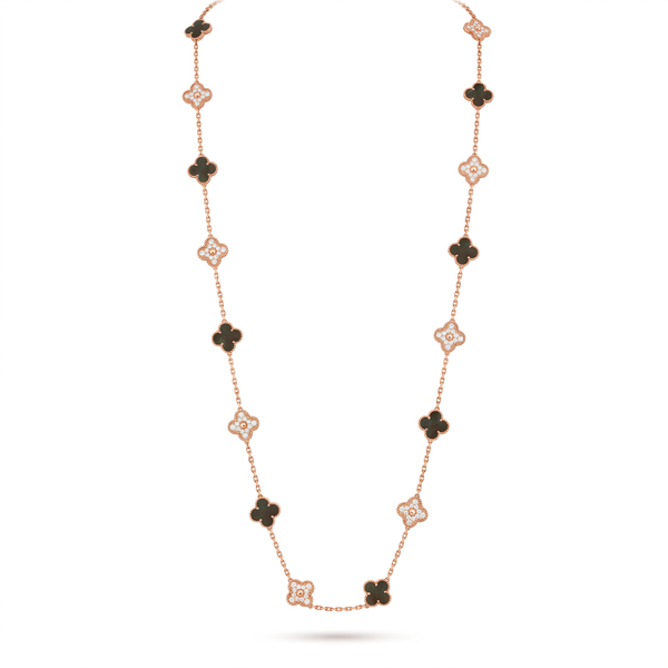 Vintage Rose Tone Alhambra Black Pearl And Diamond 20 Motifs Long Necklace