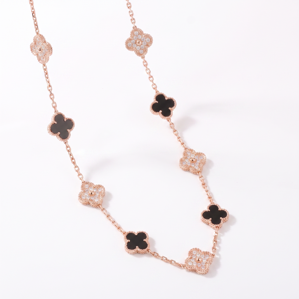 Vintage Rose Tone Alhambra Black Pearl And Diamond 20 Motifs Long Necklace